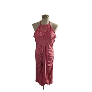 ChicMe Pink Halter Neck Eyelet Crochet Lace Ruched Midi Dress XL
